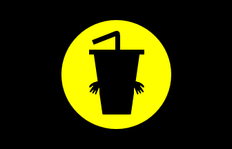 [black field, yellow disk, black logo]